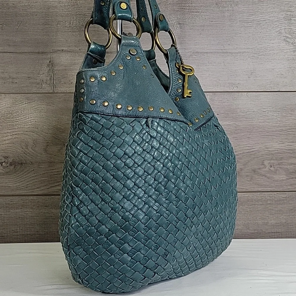Fossil Teal Woven Hobo with Stud and Ring Accents